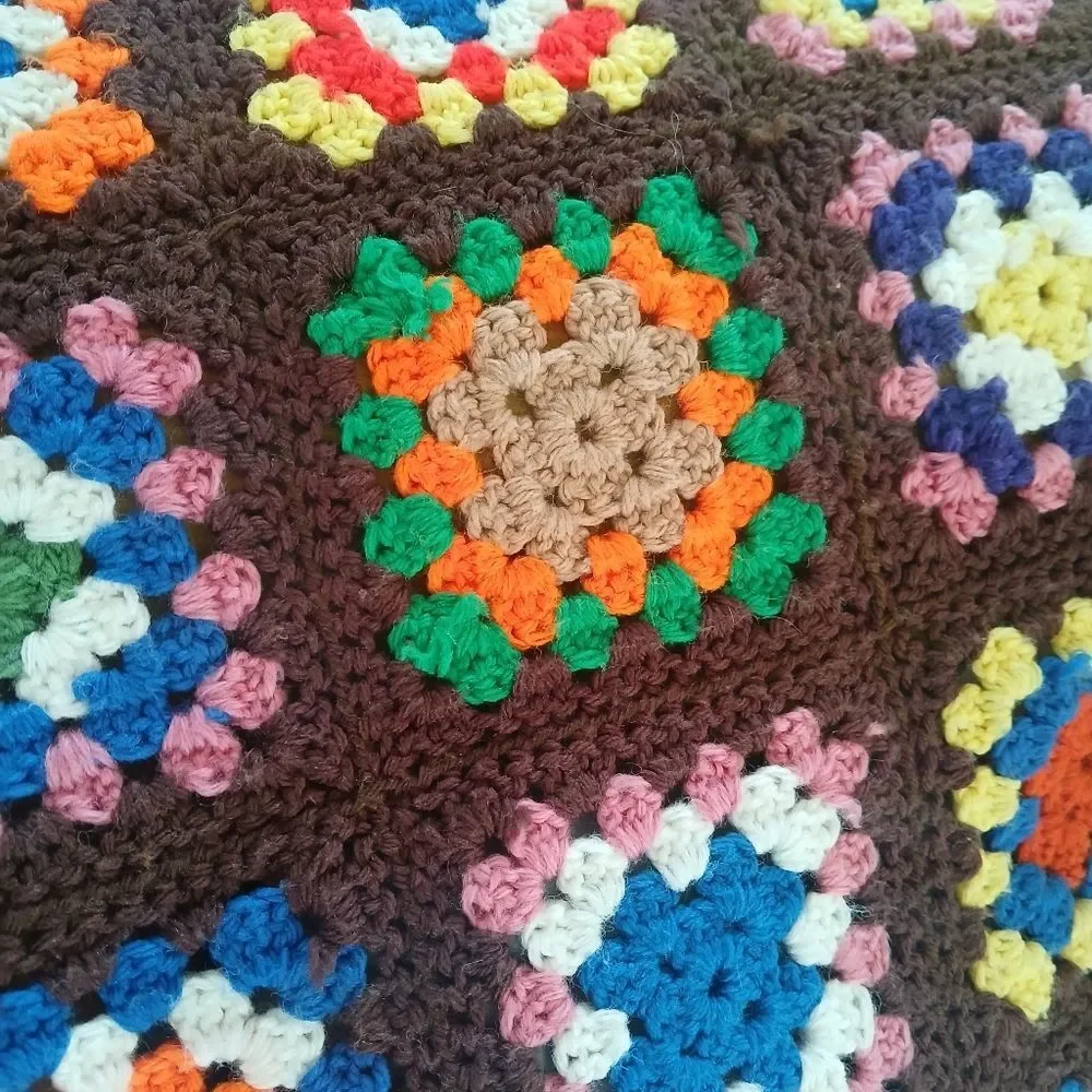 Vintage 70's Handmade Blanket Granny Square Farmhouse Multi-Color Crochet Unique